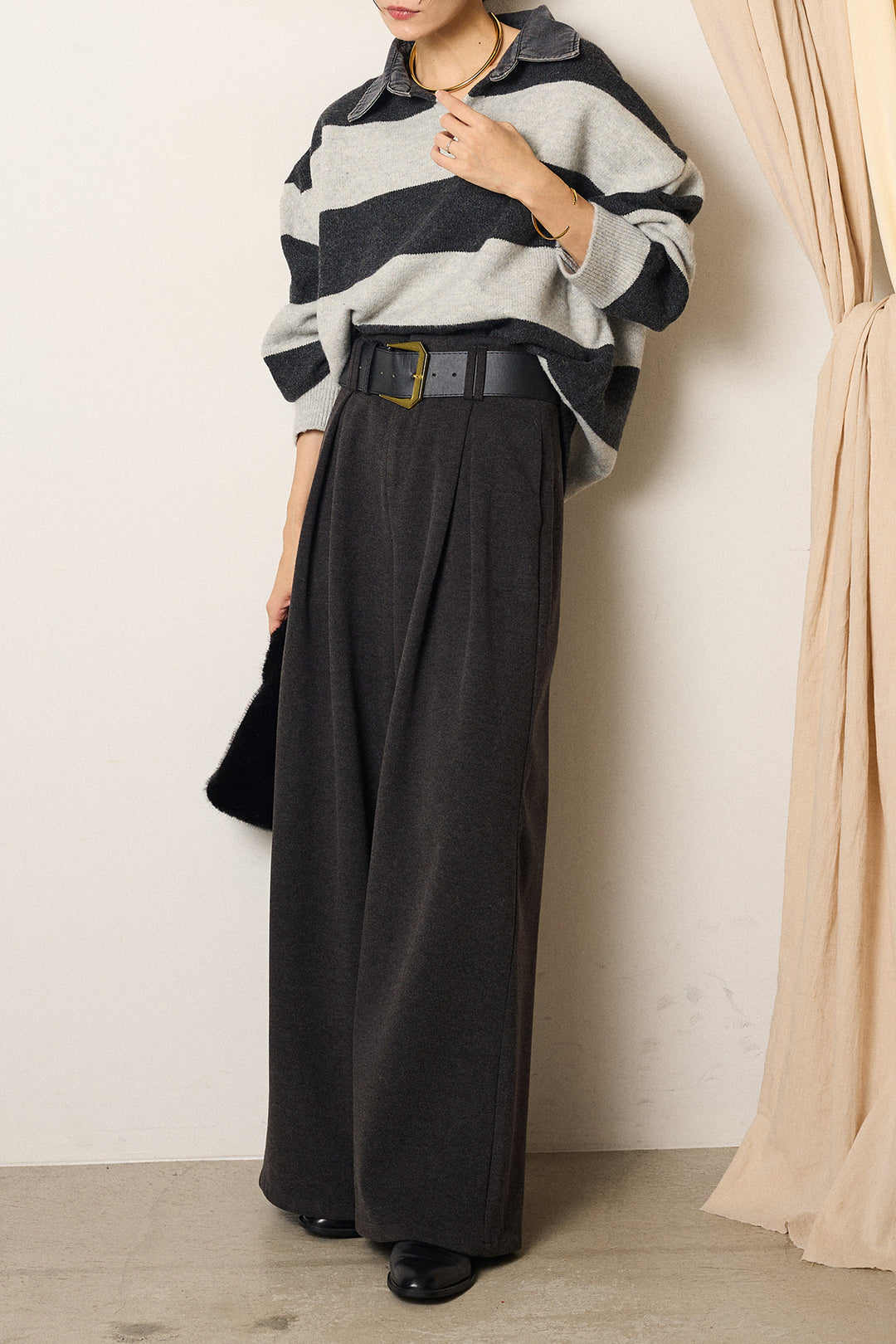 [SET]デニムカラーボーダールーズニット+ゴールドバックル太ベルト付きワイドパンツ(2set)
