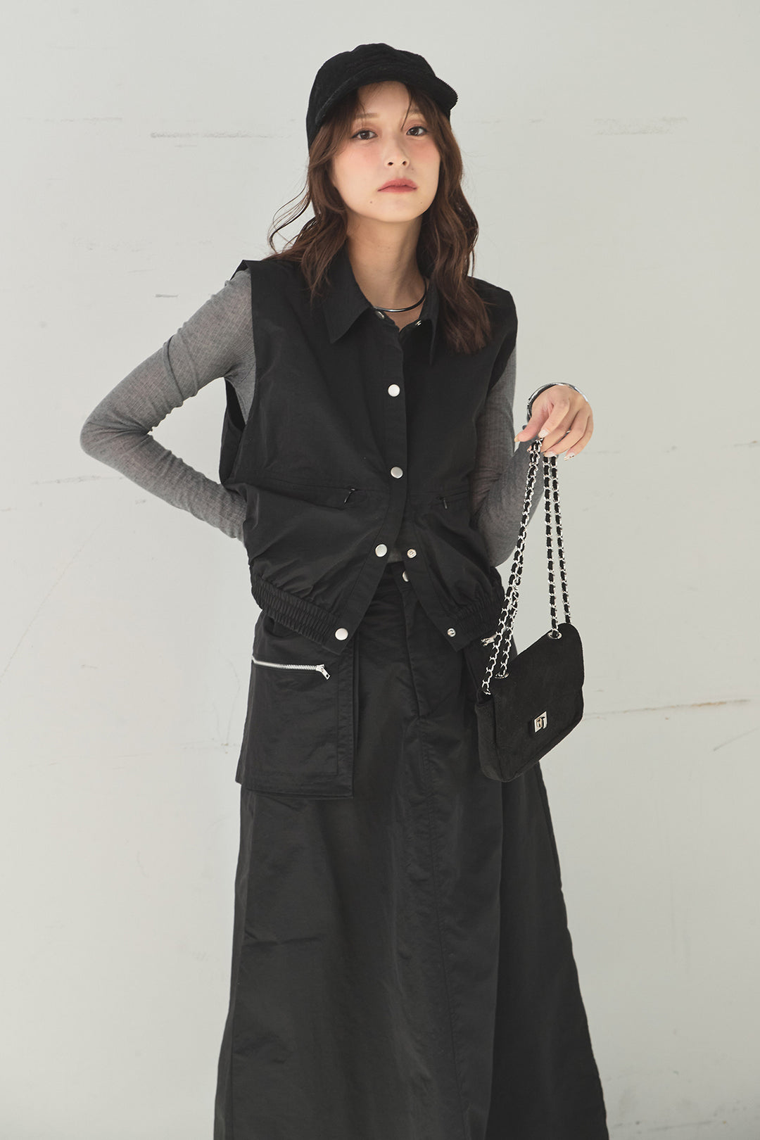 [SET]襟付きナイロンベスト+サイドデザインナイロンスカート(2set)