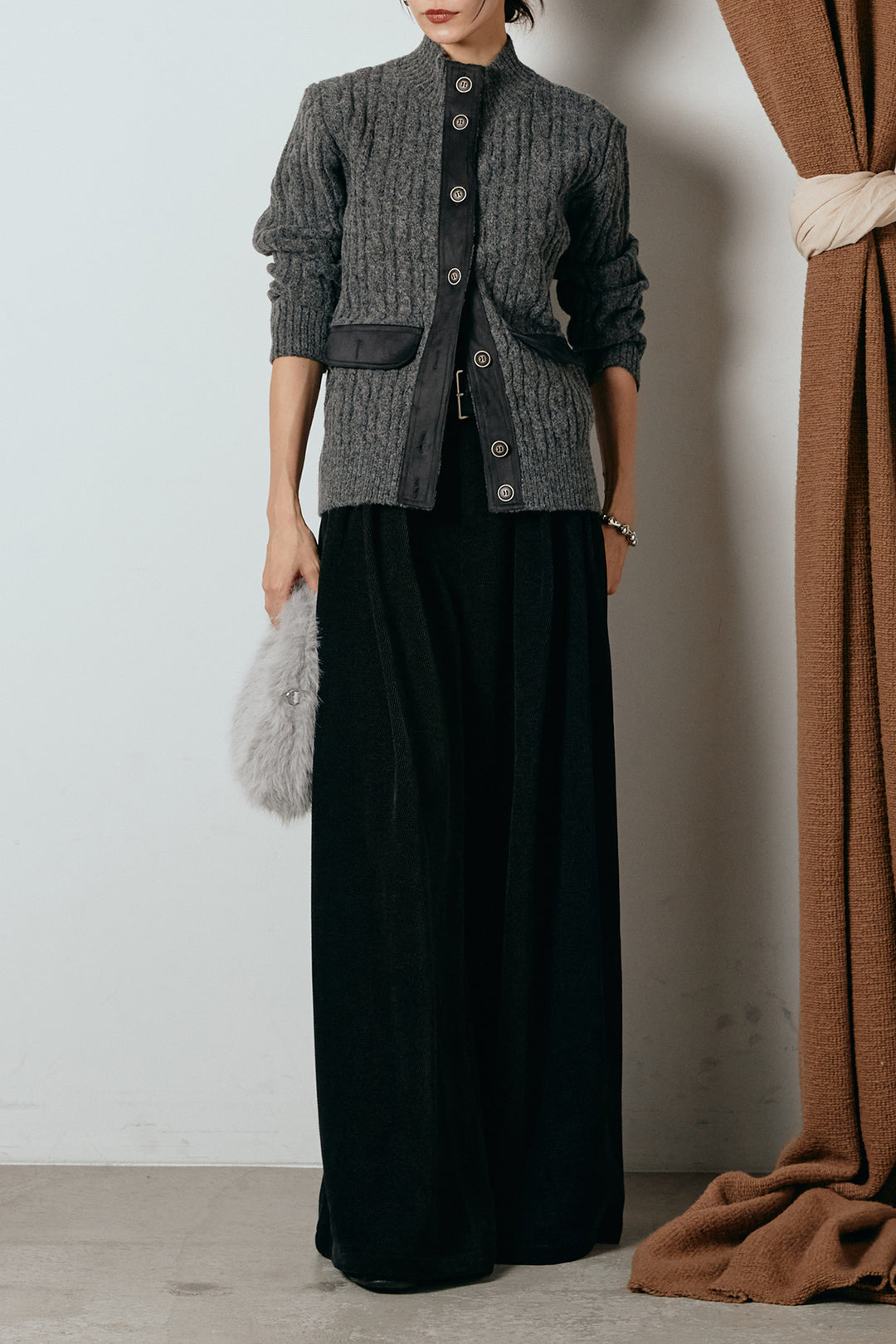 [SET]ボトルネックケーブルニットカーディガン+ベルトループコーデュロイワイドパンツ(2set)