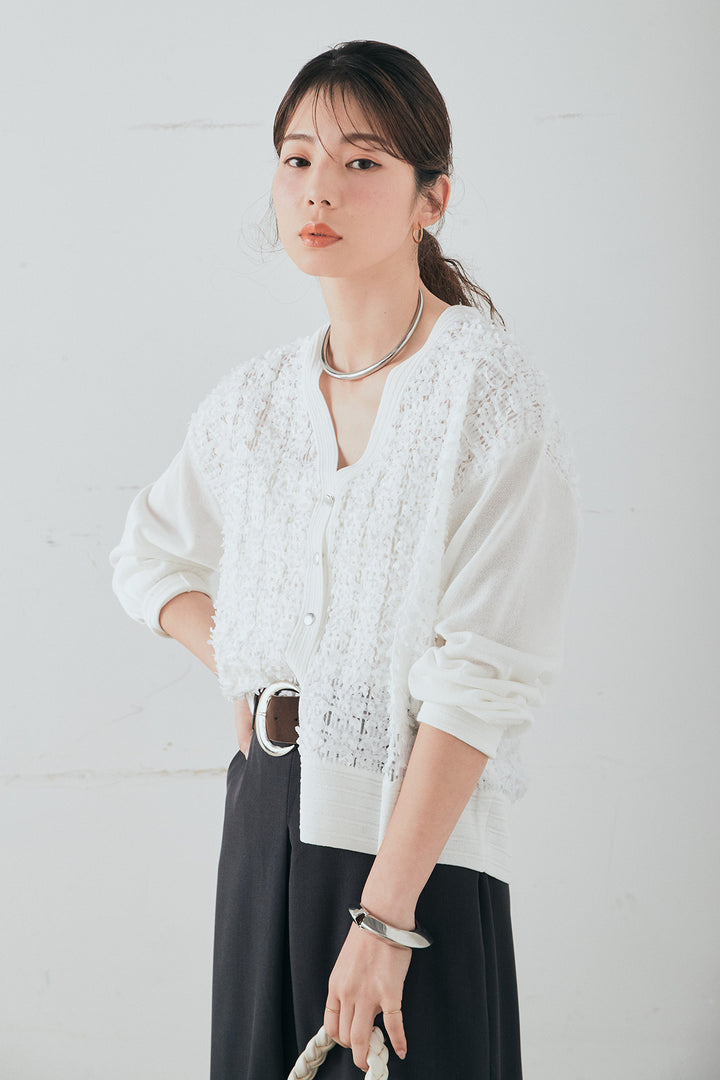 [SET]モコレースVネックカーディガン+太ベルト付きフロントタックパンツ(2set)