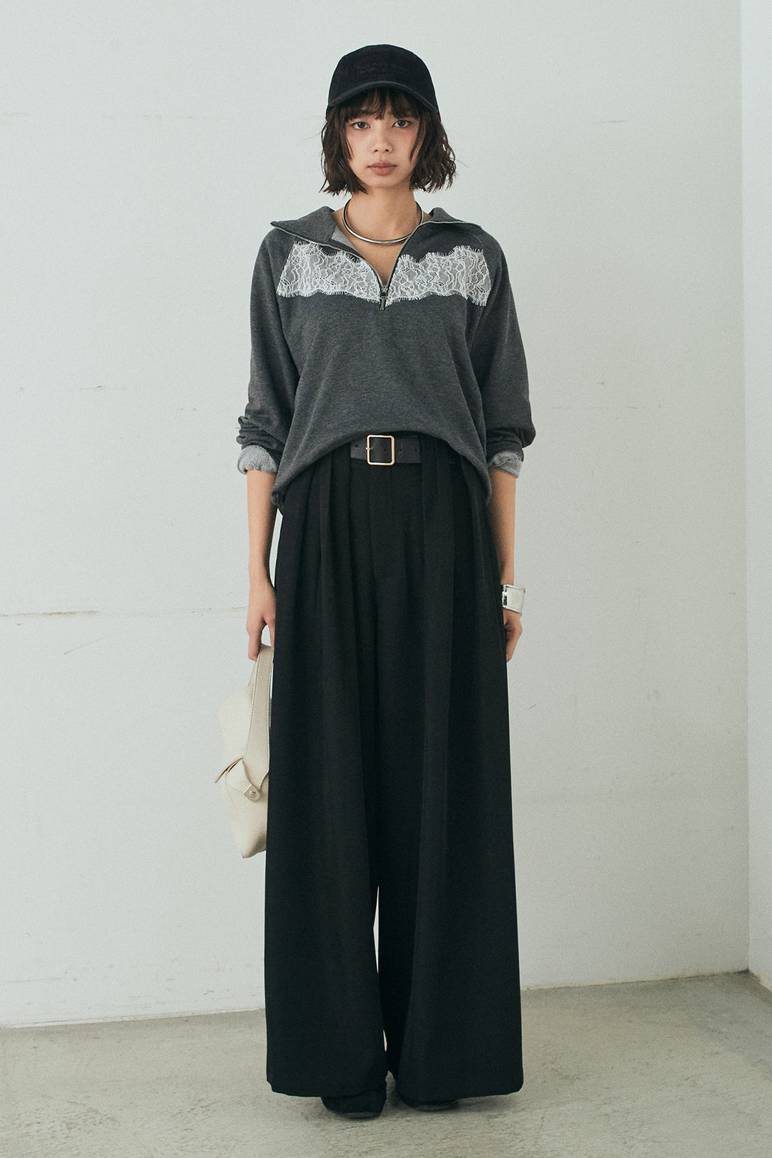 [SET]リバーレースハーフジップ裏毛スウェット+ベルト付きタックデザインハイウエストロングパンツ(2set)