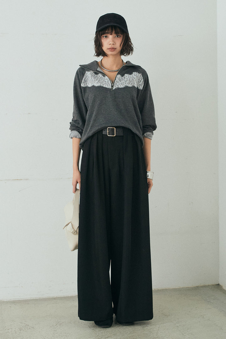 [SET]リバーレースハーフジップ裏毛スウェット+ベルト付きタックデザインハイウエストロングパンツ(2set)