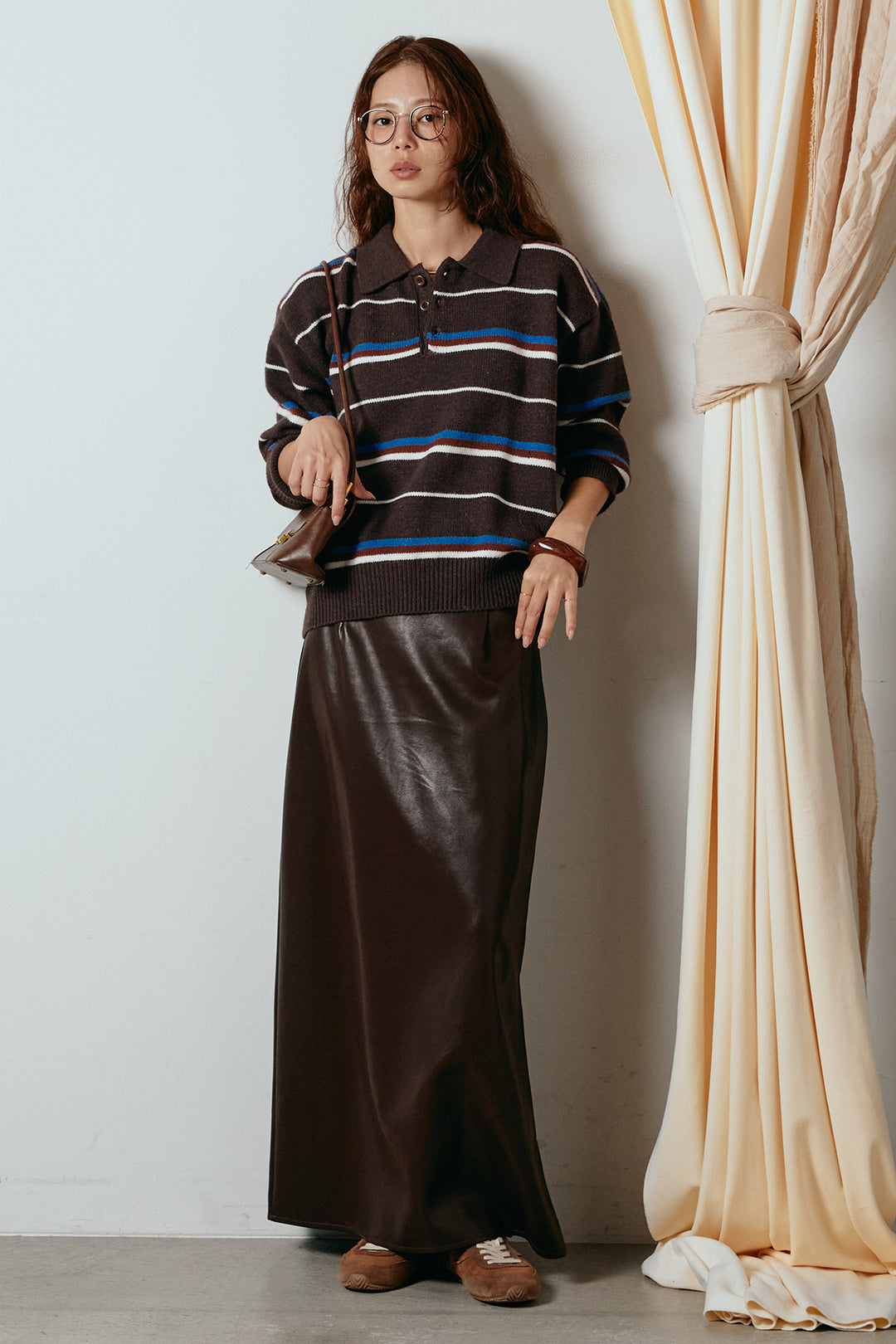 [SET]襟付きマルチボーダーニットポロトップス+紐付きフェイクレザーワイドスカート(2set)