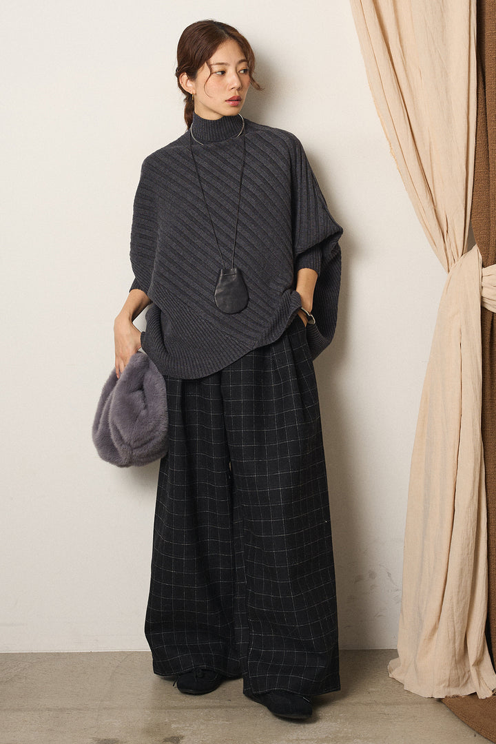 [SET]アシメデザインリブポンチョニットトップス+ウールライクチェックタックパンツ(2set)