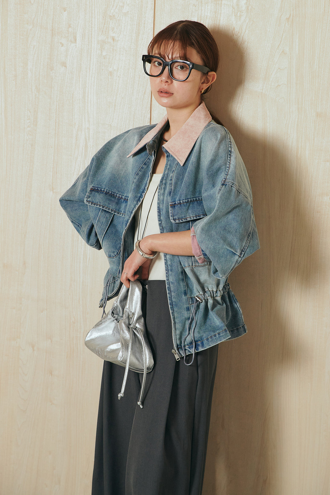 [SET]襟付き配色デニムブルゾン+ビックベルトループタックベルト付きワイドパンツ(2set)