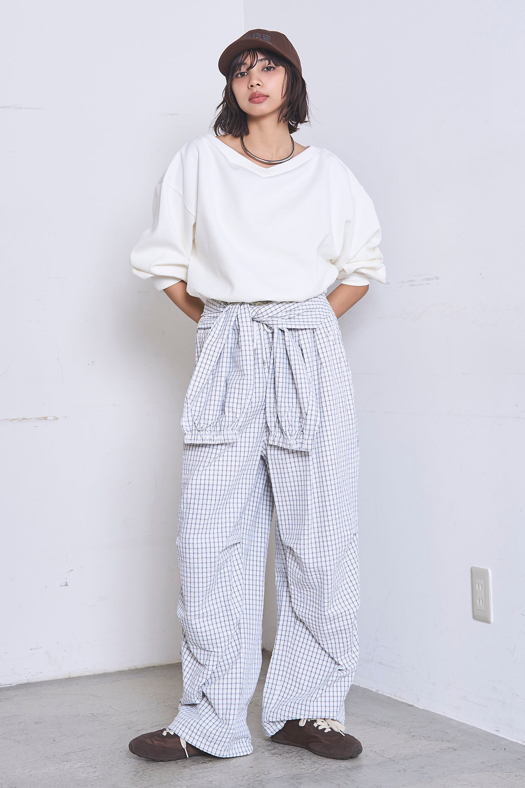 [SET]ワンショルスウェットプルオーバー+チェックウエスト巻きジョガーパンツ(2set)