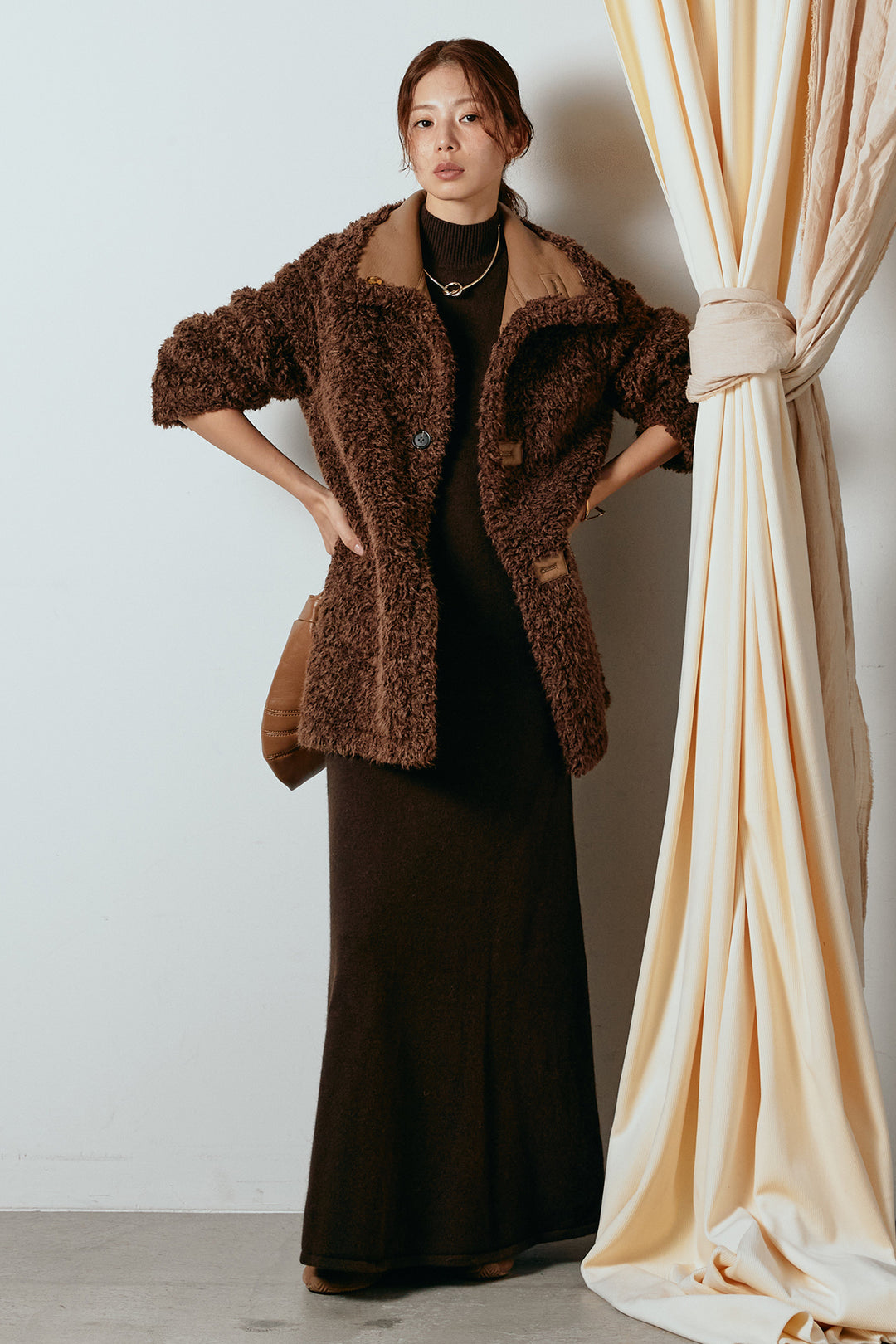 [SET]リバーシブルボアアウター+ノースリーブニットロングワンピース(2set)