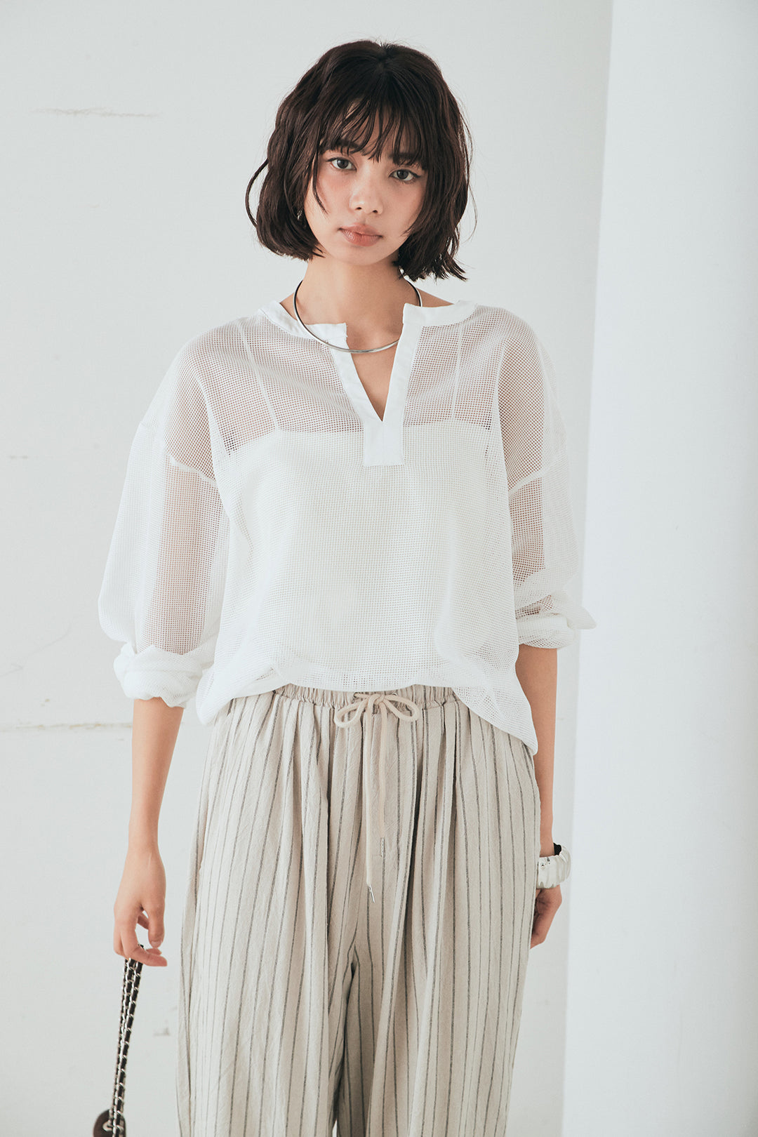 [SET]メッシュカットソースキッパープルオーバー+リネンライクストライプタックイージーパンツ(2set)