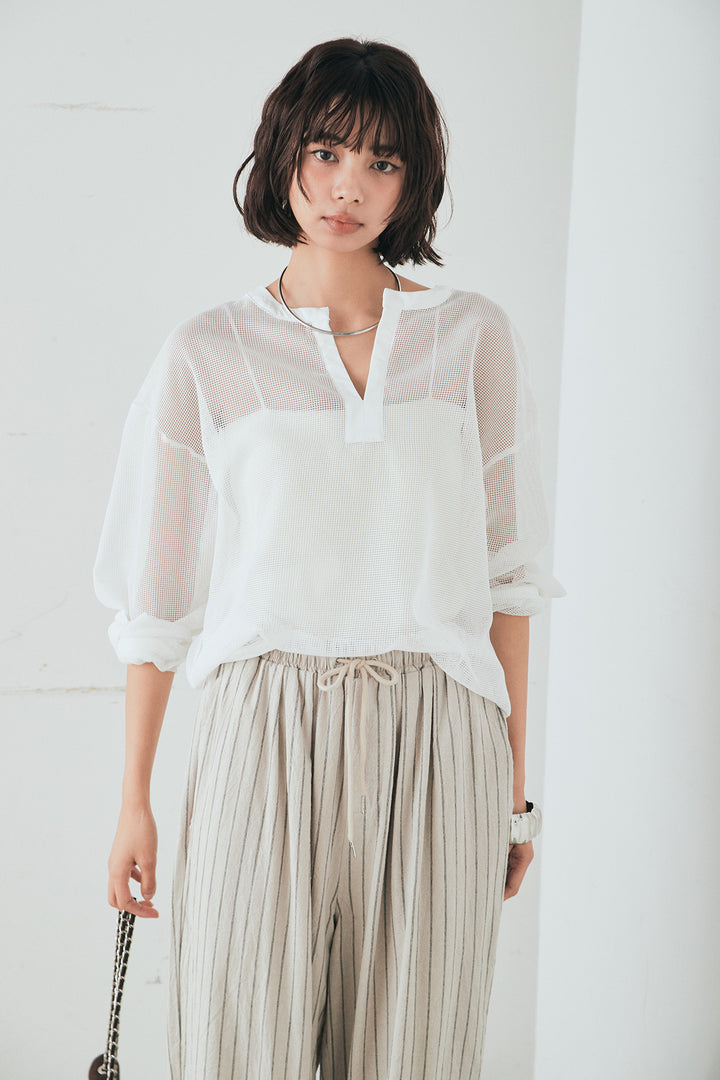 [SET]メッシュカットソースキッパープルオーバー+リネンライクストライプタックイージーパンツ(2set)