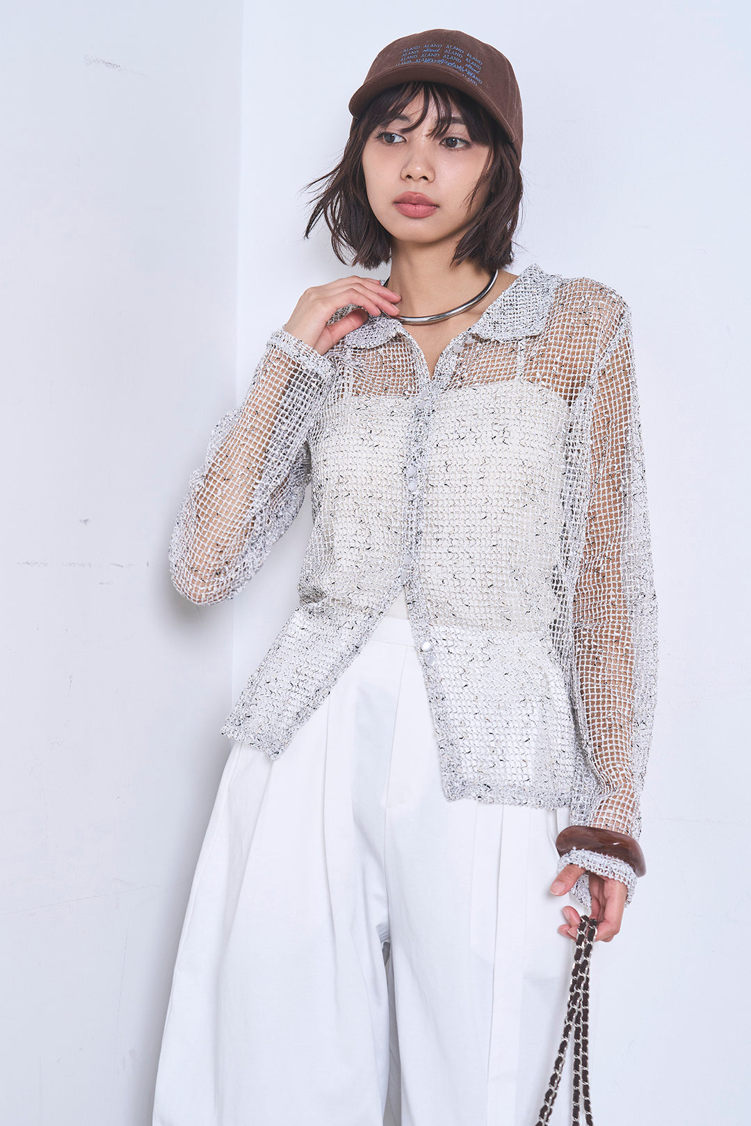 [SET]ネップメッシュポロ襟カーディガン+紐ベルト付きカーブワイドパンツ(2set)