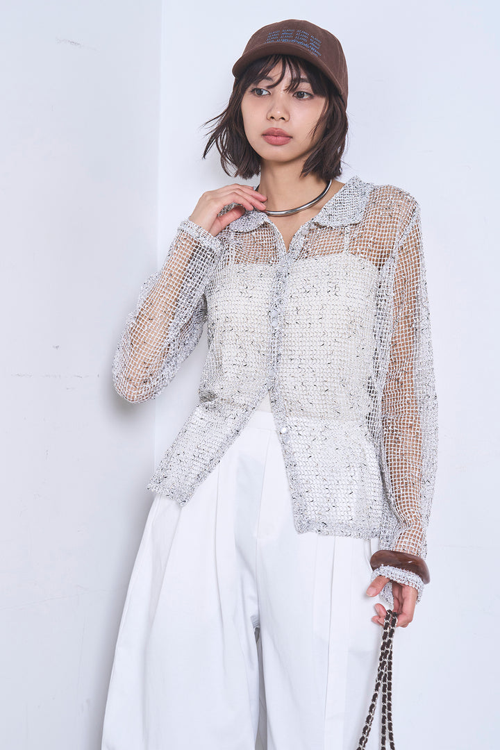 [SET]ネップメッシュポロ襟カーディガン+紐ベルト付きカーブワイドパンツ(2set)