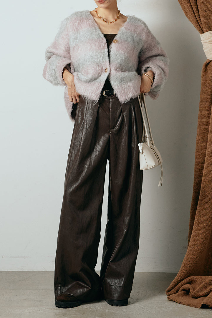 [SET]シャギーボーダー柄ニットカーディガン+ベルト付きレザーライクタックパンツ(2set)