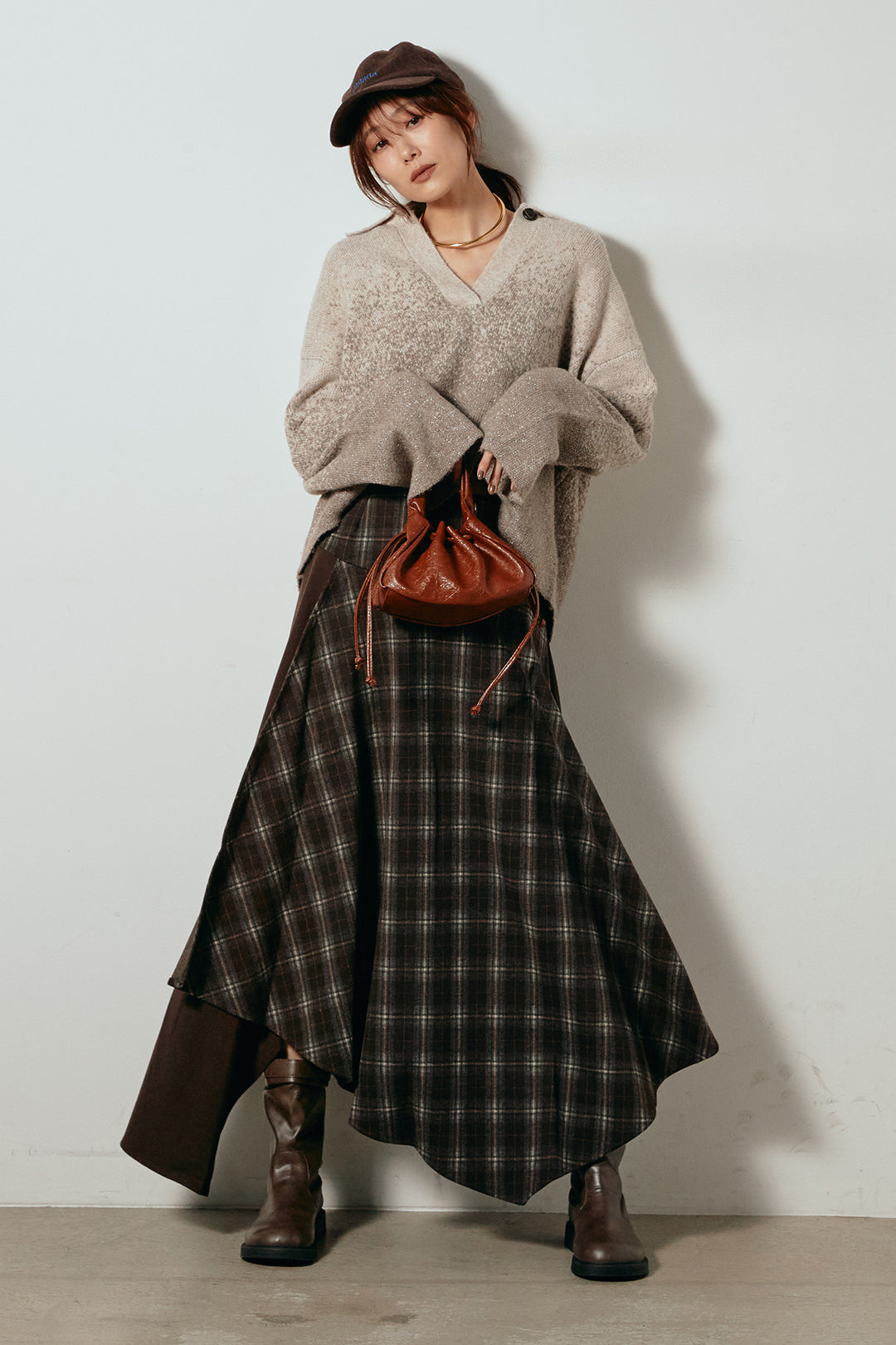 [SET]グラデーションラメニットキーネックプルオーバー+フェイクレザーベルト付き切り替えタータンチェックスカート(2set)