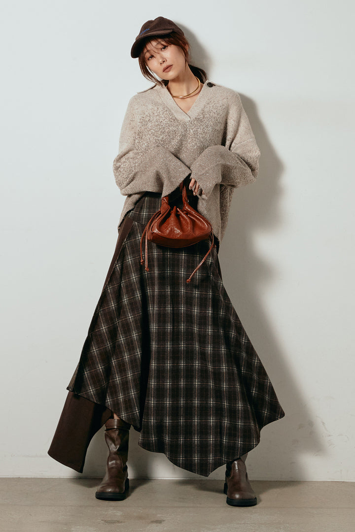 [SET]グラデーションラメニットキーネックプルオーバー+フェイクレザーベルト付き切り替えタータンチェックスカート(2set)