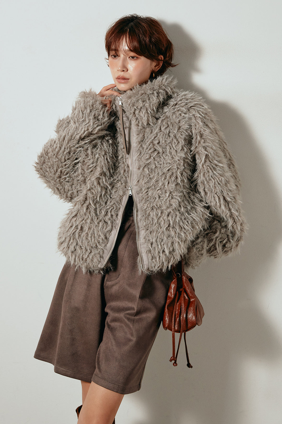 [SET]ミックスシープファースタンドブルゾン+フェイクスウェードハーフパンツ(2set)