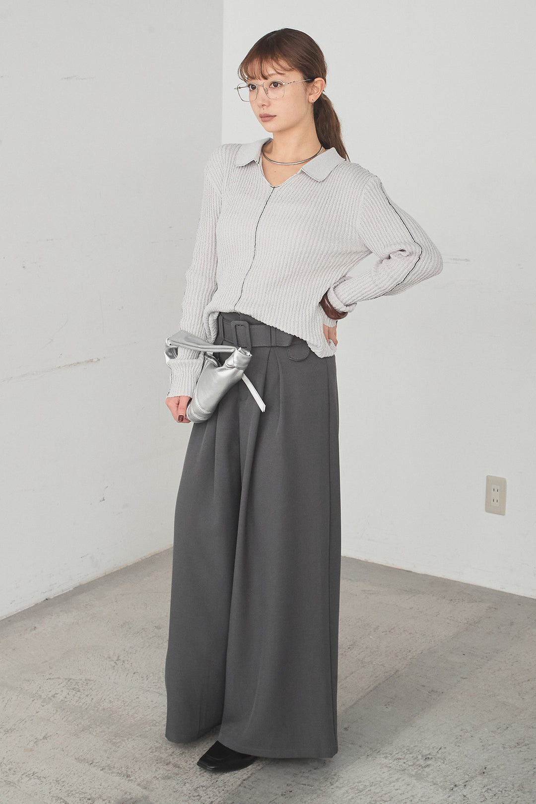 [SET]衿付きニットプルオーバー+ベルト付きツータックワイドパンツ(2set)