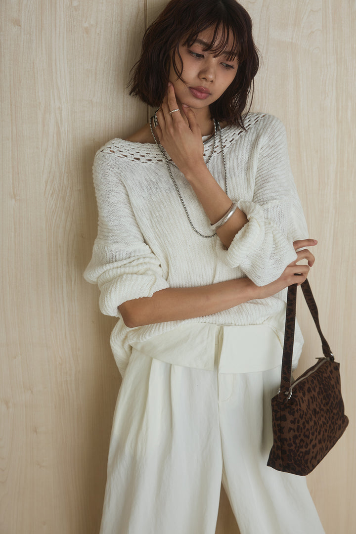 [SET]ネック編みデザインニットトップス+ウエスト折り返しワイドパンツ(2set)