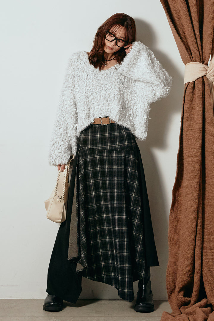 [SET]深Vネックチョウチョヤーンニットトップス+フェイクレザーベルト付き切り替えタータンチェックスカート(2set)