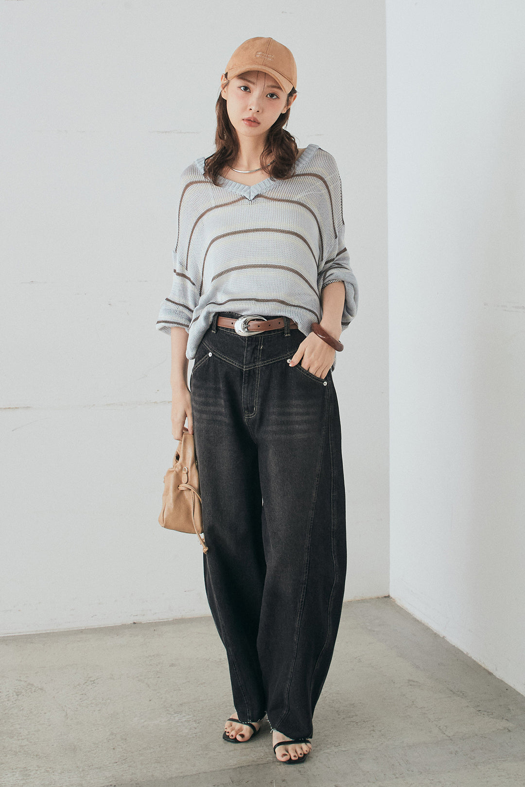 [SET]綿タッチVネックボーダートップス+デニムヨークパンツ(2set)