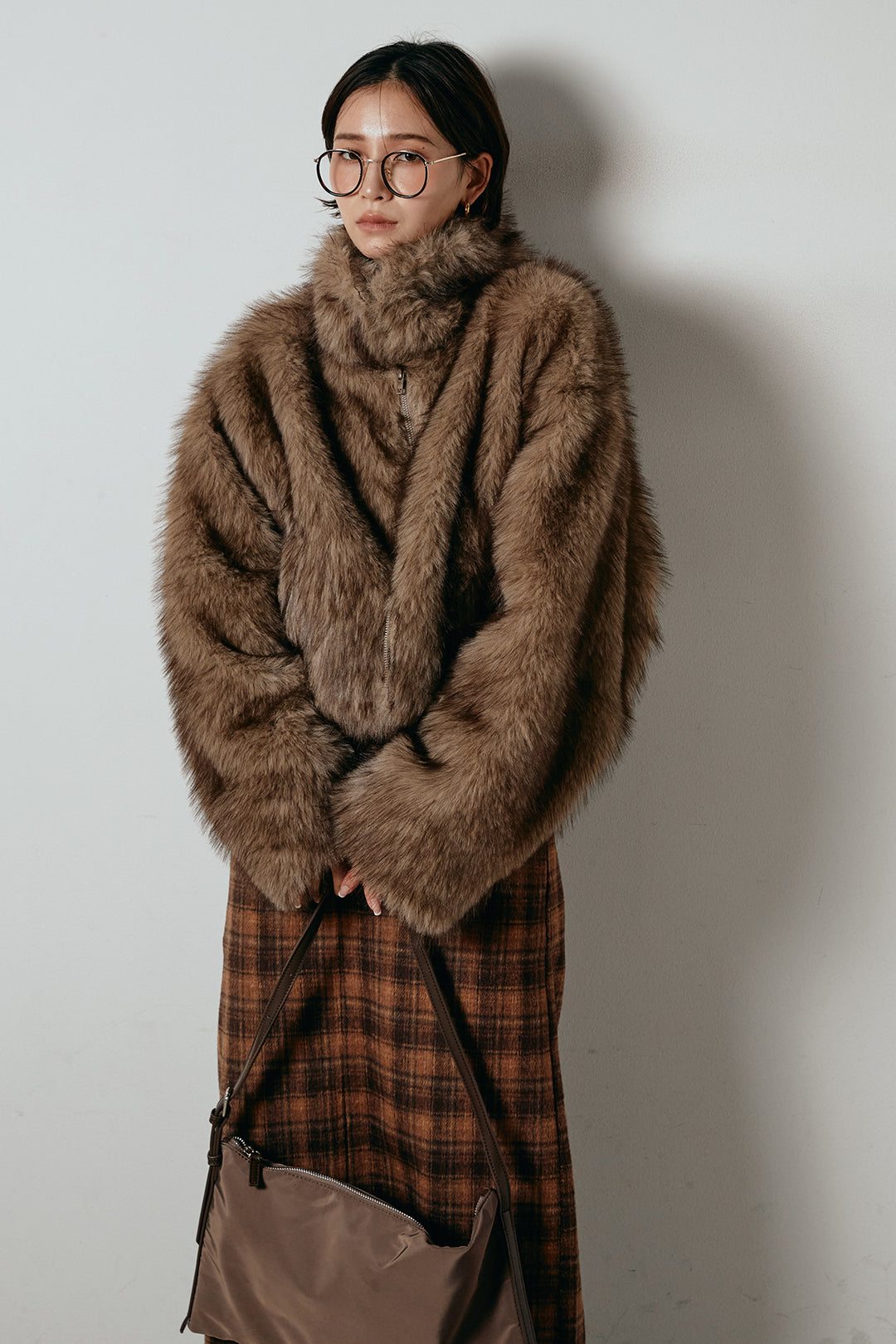 [SET]エコファーショート丈ブルゾン+シャギーチェックストレートスカート(2set)