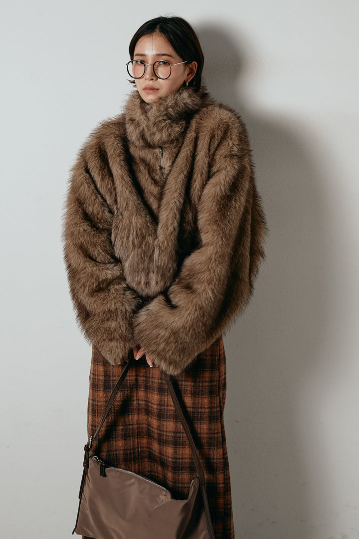 [SET]エコファーショート丈ブルゾン+シャギーチェックストレートスカート(2set)