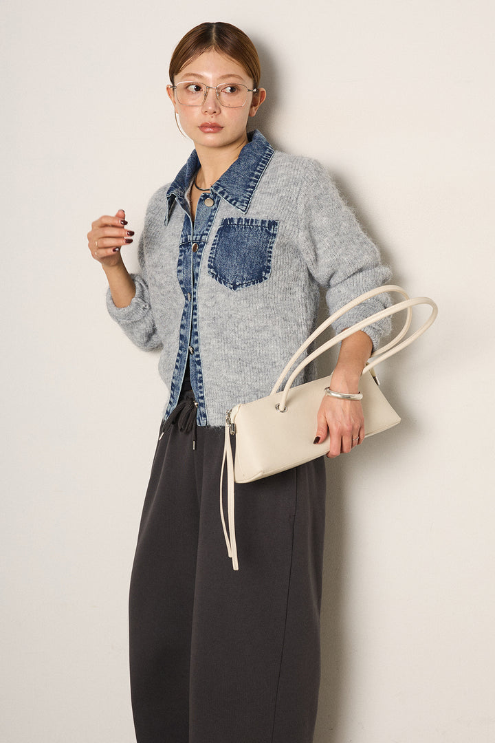 [SET]襟付きデニム切替ニットカーディガン+裏起毛スウェットワイドパンツ(2set)