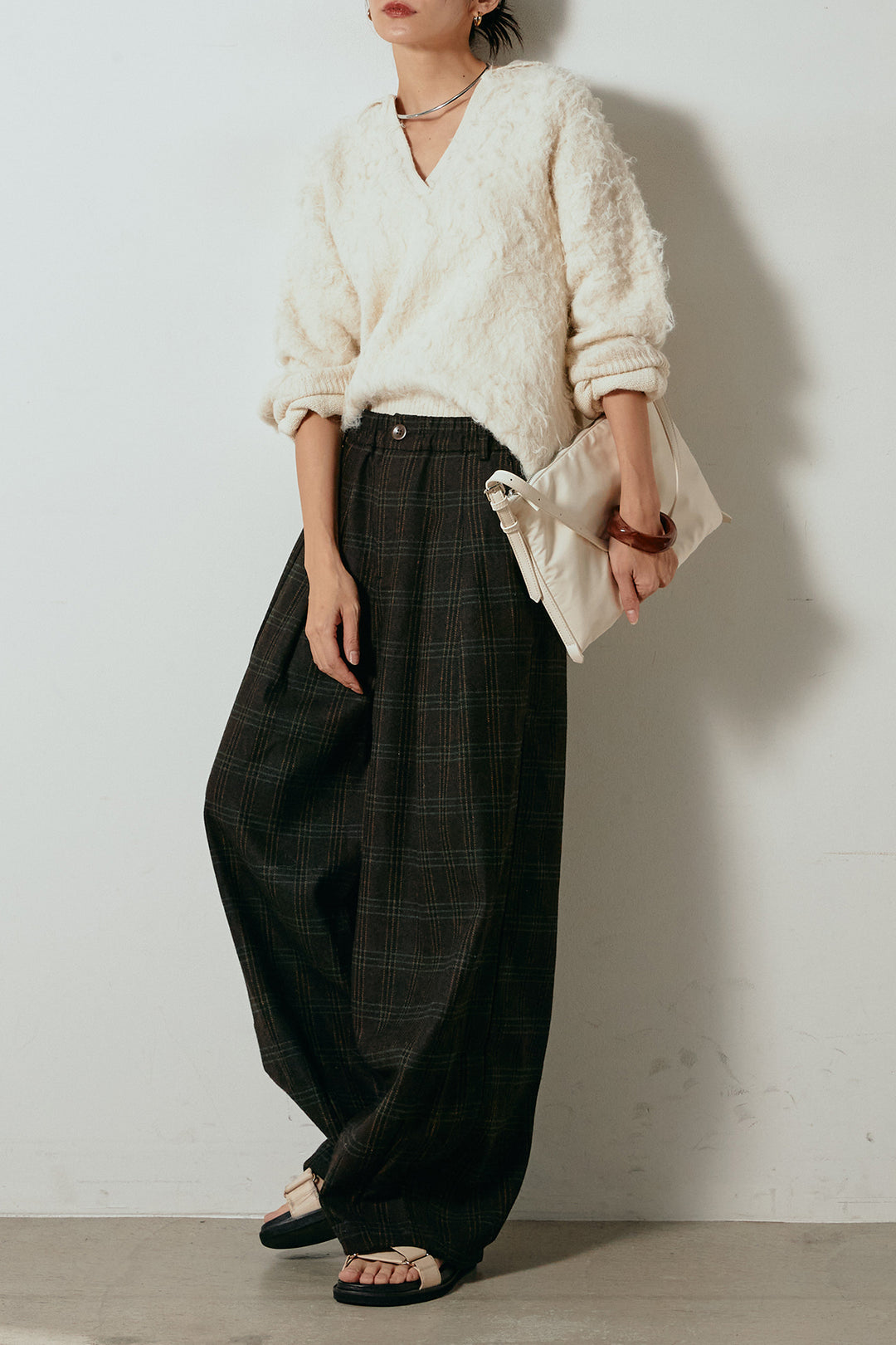 [SET]襟付きシャギーニットポロトップス+タータンチェック柄タックパンツ(2set)