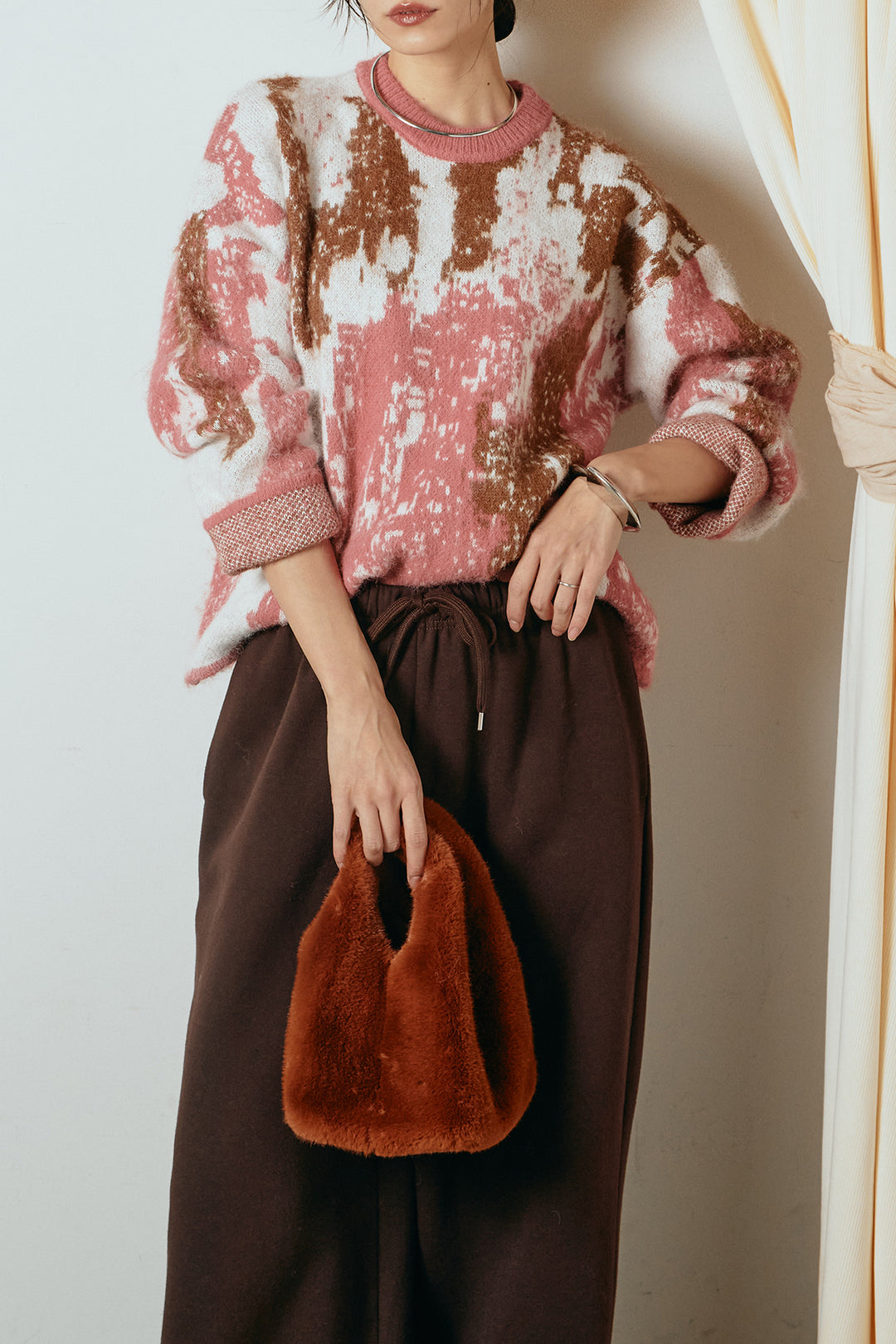 [SET]起毛ニュアンス柄ニットプルオーバー+裏起毛スウェットワイドパンツ(2set)