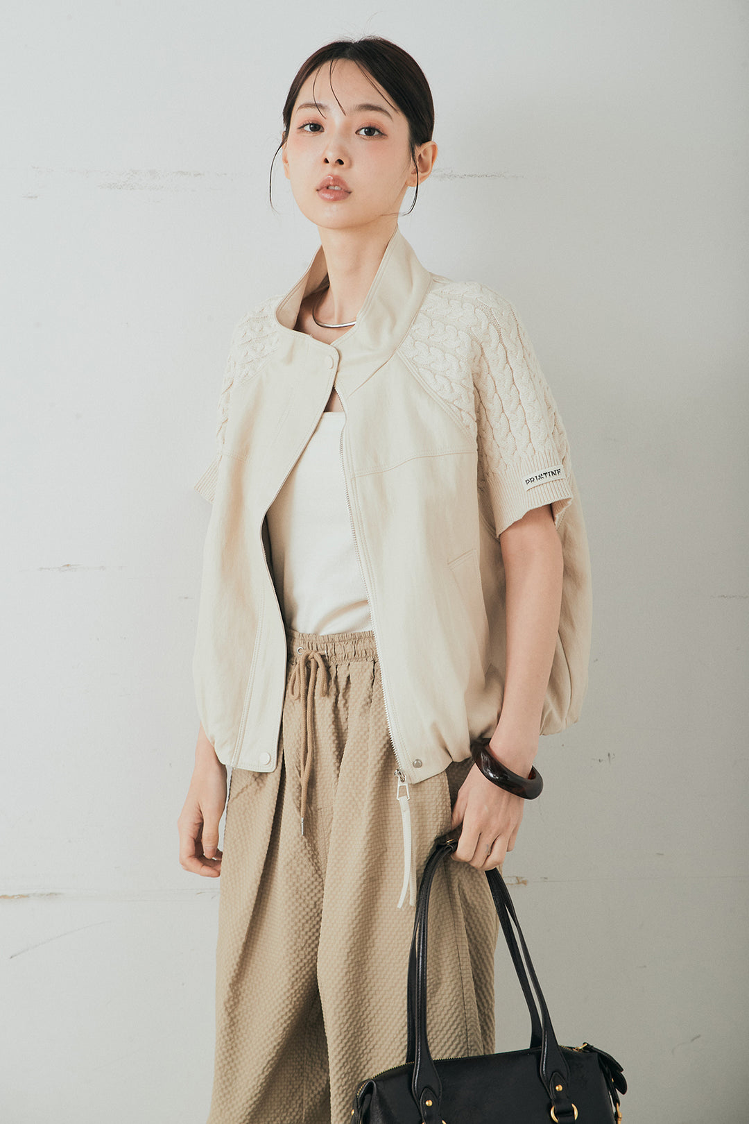 [SET]ニット切替レザーライクベスト+シアサッカーイージーパンツ(2set)