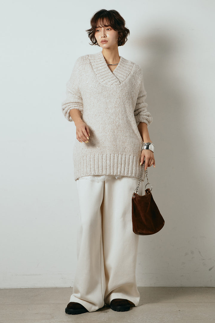 [SET]Vネックラメニットトップス+レース切り替えキャミソール(2set)