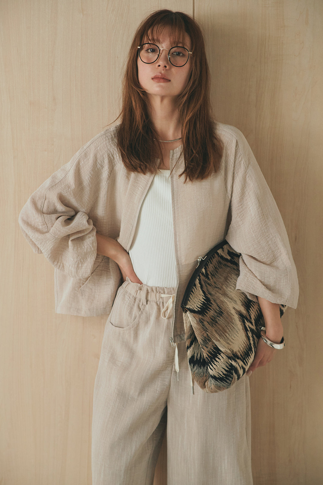 [SET]麻混ノーカラーブルゾン+麻混ウエストドロストパンツ(2set)