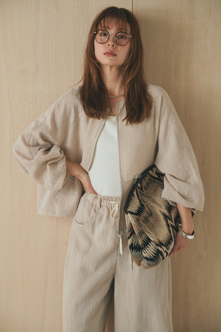 [SET]麻混ノーカラーブルゾン+麻混ウエストドロストパンツ(2set)