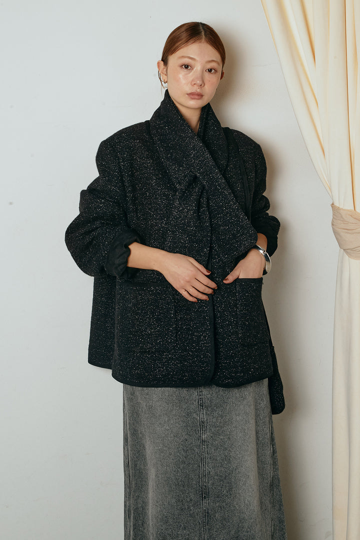 [SET]ノーカラーマフラーバッグ付きアウター+デニムロングフレアスカート(2set)