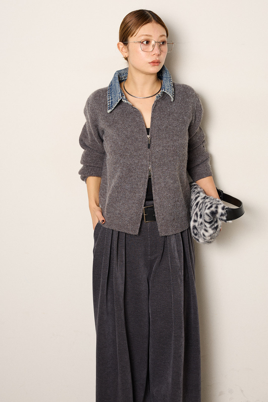 [SET]デニム襟ダブルジップニットトップス+ベルトループコーデュロイワイドパンツ(2set)