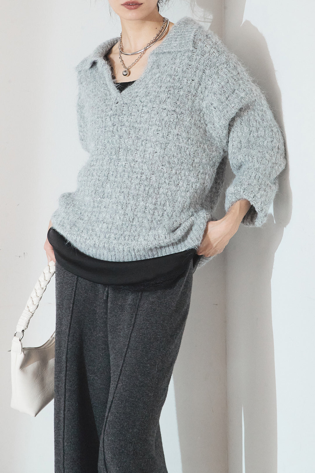 [SET]襟付きVネックニットトップス+レース切り替えキャミソール+センターラインニットパンツ(3set)