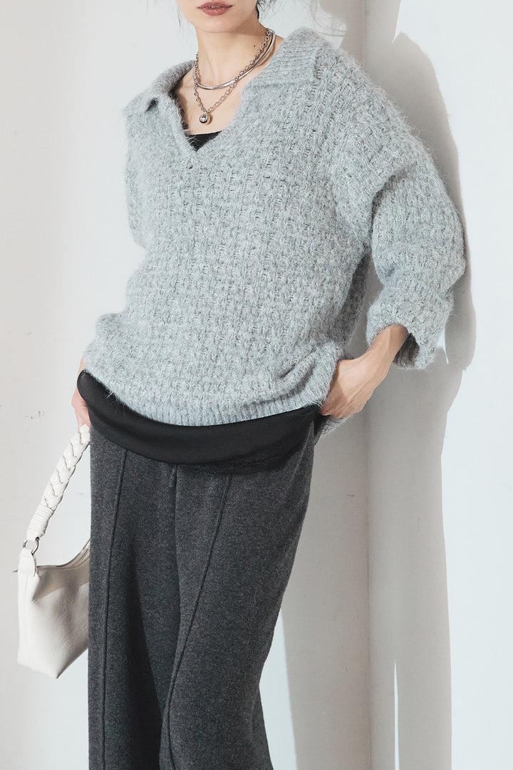 [SET]襟付きVネックニットトップス+レース切り替えキャミソール+センターラインニットパンツ(3set)