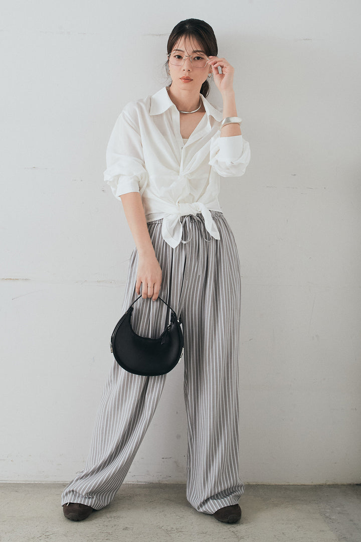 [SET]裾巻きツイストデザインシャツ+レーヨンストライプイージーワイドパンツ(2set)