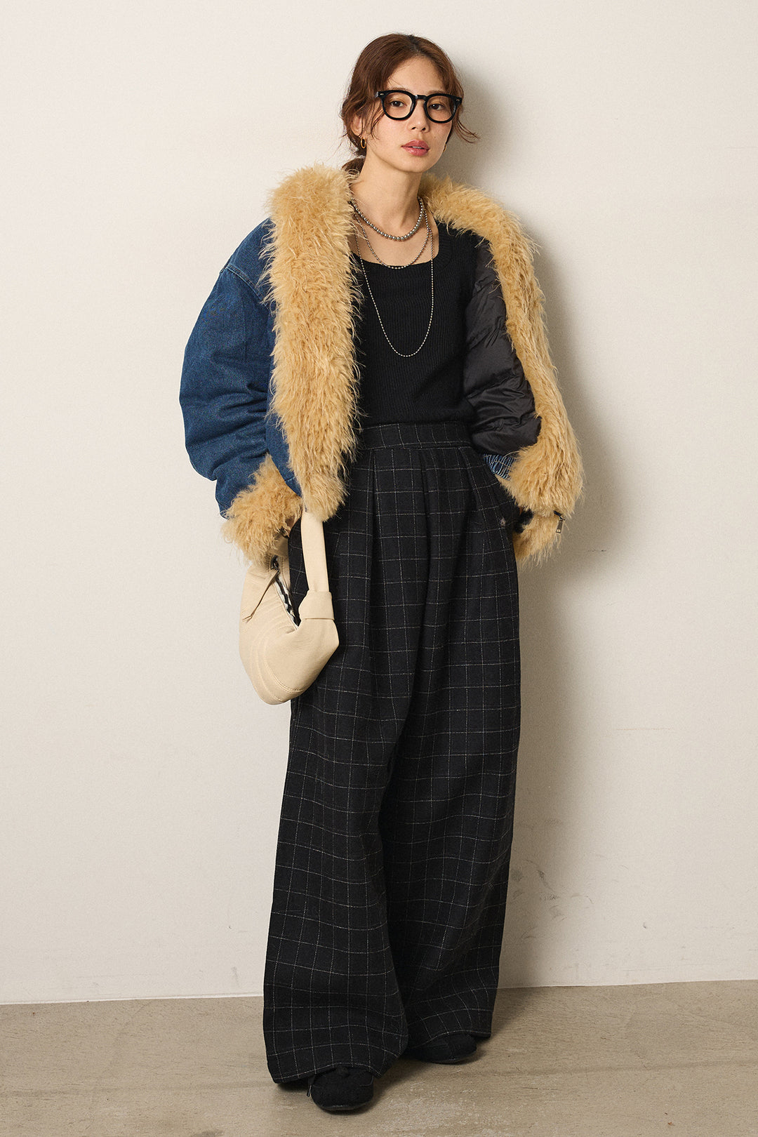 [SET]エコファーデニムボアジャケット+ウールライクチェックタックパンツ(2set)