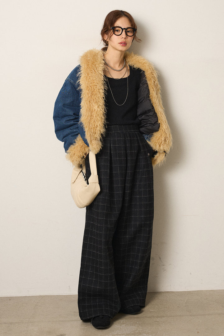 [SET]エコファーデニムボアジャケット+ウールライクチェックタックパンツ(2set)