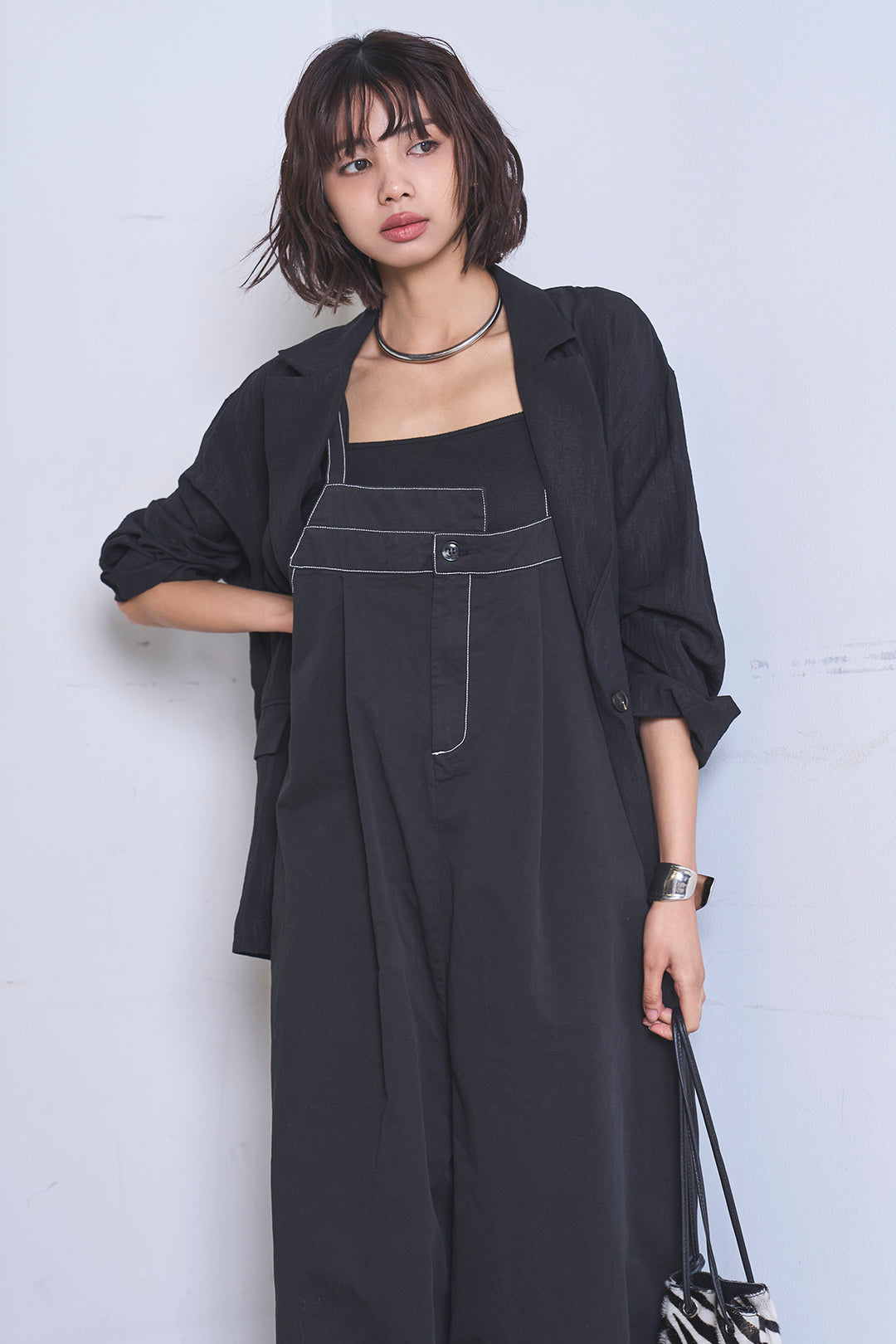 [SET]リネンブレンドテーラードシアージャケット+綿ツイルアシメサロペット(2set)