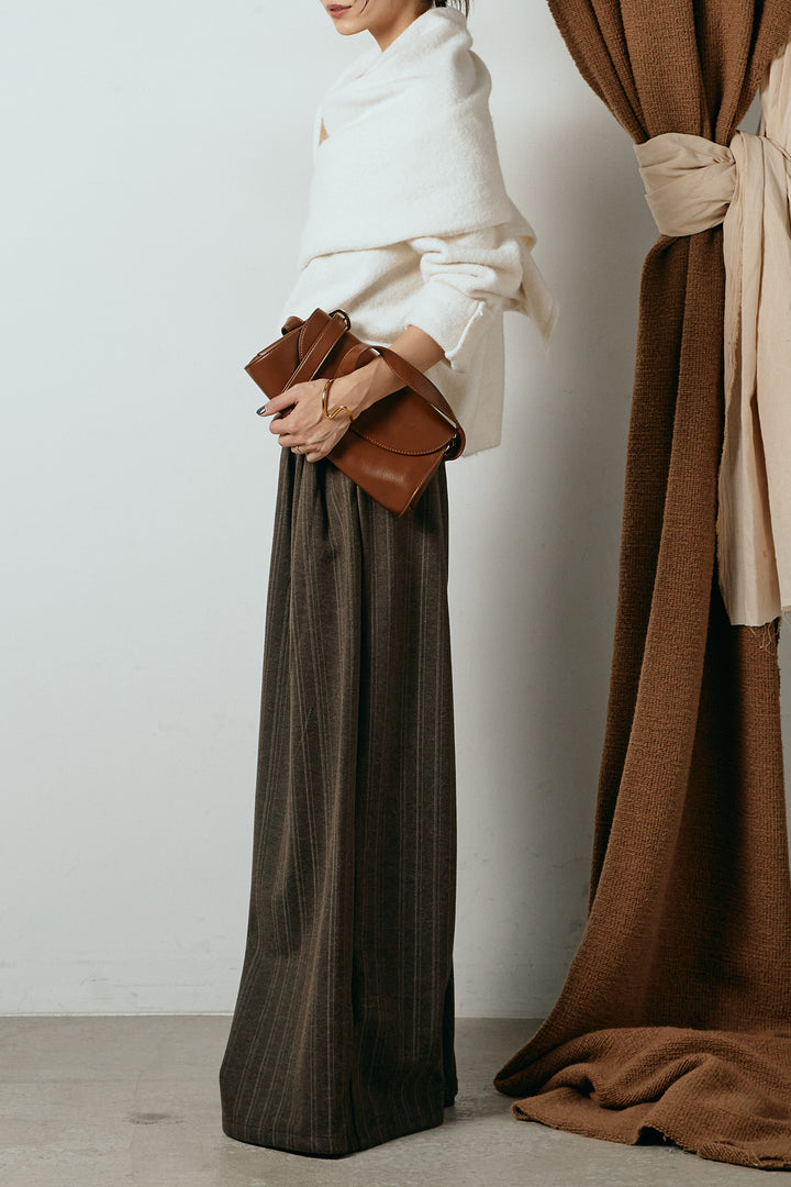 [SET]ネック巻きデザインニットトップス+タック入りマルチストライプ柄ワイドパンツ(2set)