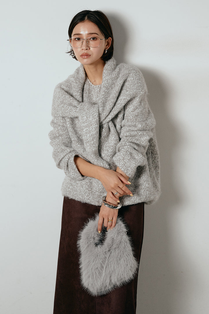 [SET]スカーフ付きミックスニットトップス+スウェードライク裾フリンジスカート(2set)