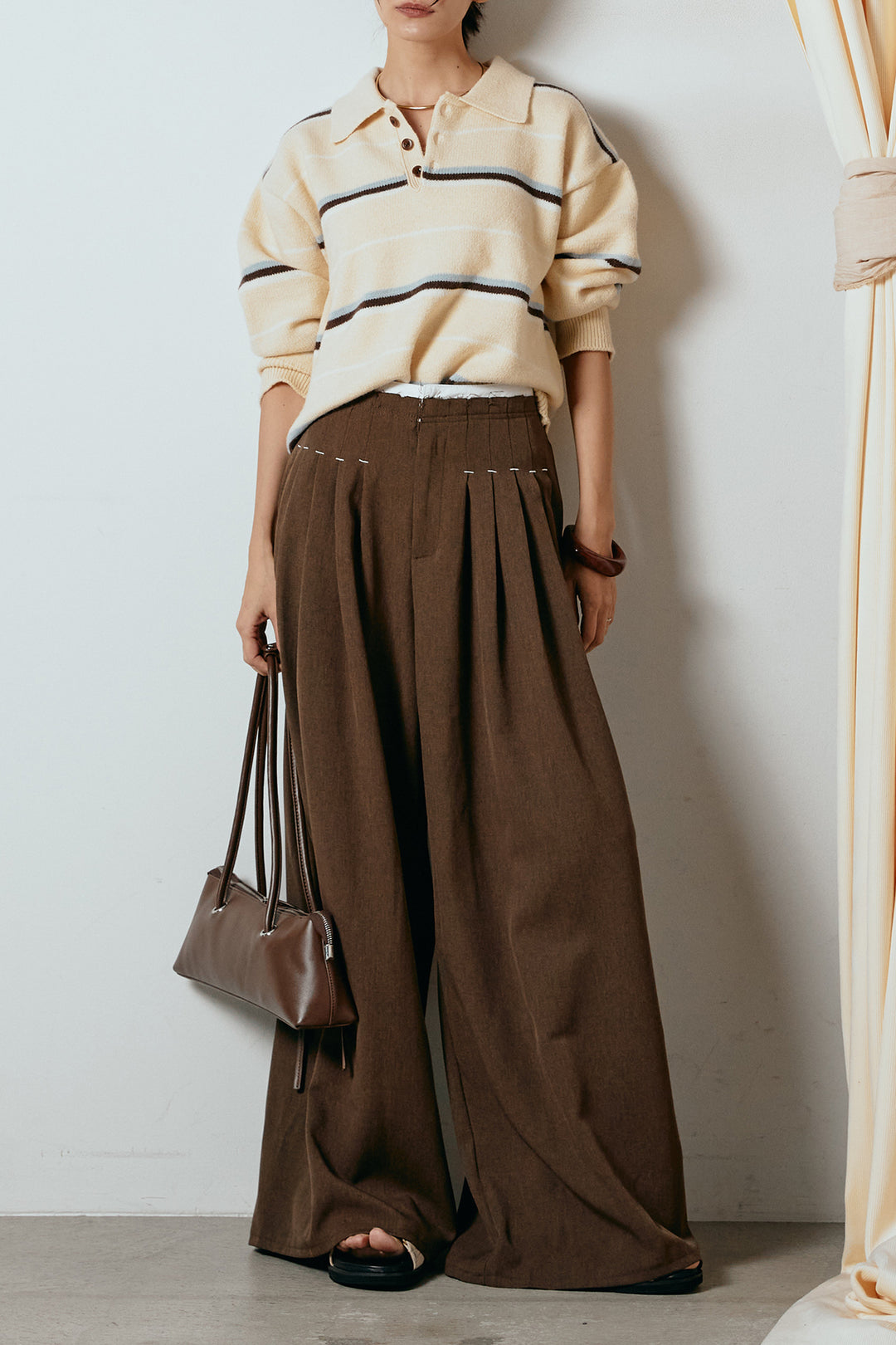 [SET]襟付きマルチボーダーニットポロトップス+ウエストステッチデザインワイドスラックス(2set)