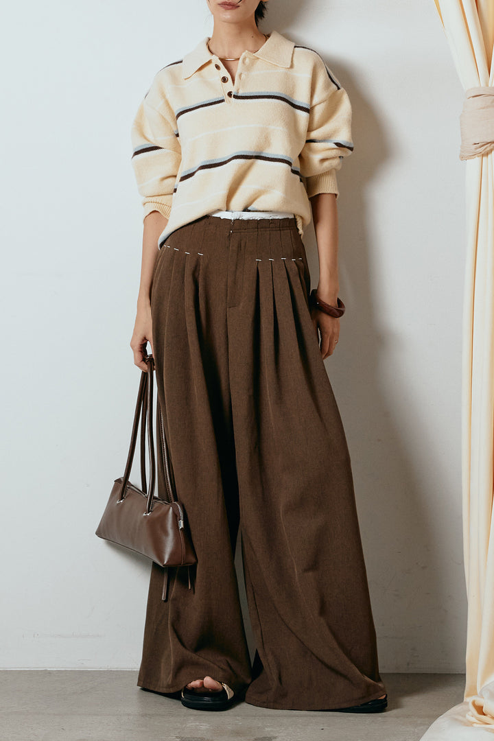 [SET]襟付きマルチボーダーニットポロトップス+ウエストステッチデザインワイドスラックス(2set)