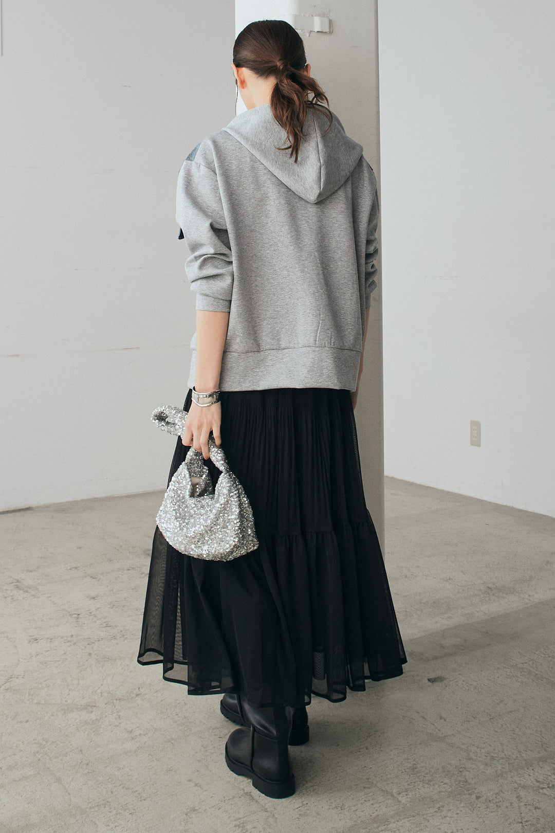 [SET]デニム切替ポンチダブルジップパーカー+ボリュームシルエットチュールスカート(2set)