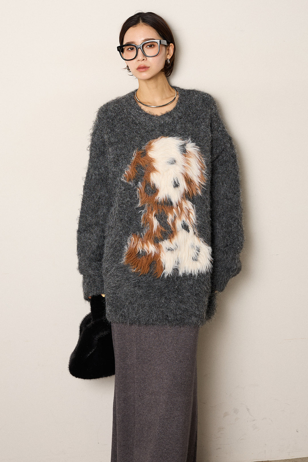 [SET]シャギーニュアンスアニマルニット+リブナローニットスカート(2set)