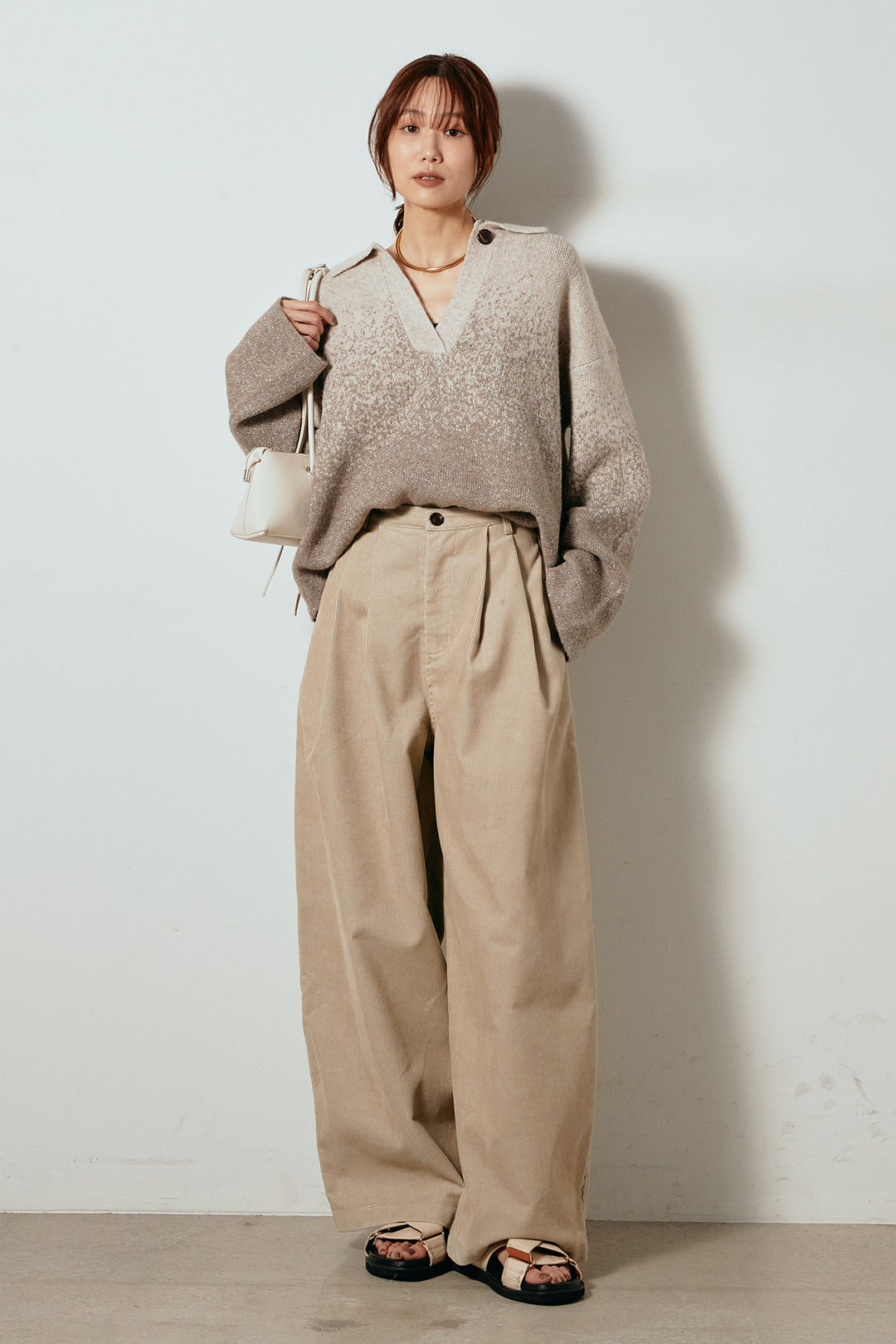 [SET]グラデーションラメニットキーネックプルオーバー+フロントタック入りコーデュロイパンツ(2set)