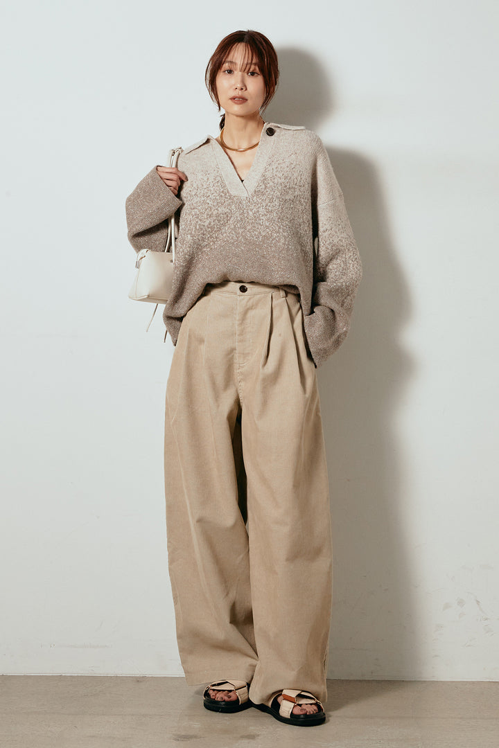 [SET]グラデーションラメニットキーネックプルオーバー+フロントタック入りコーデュロイパンツ(2set)