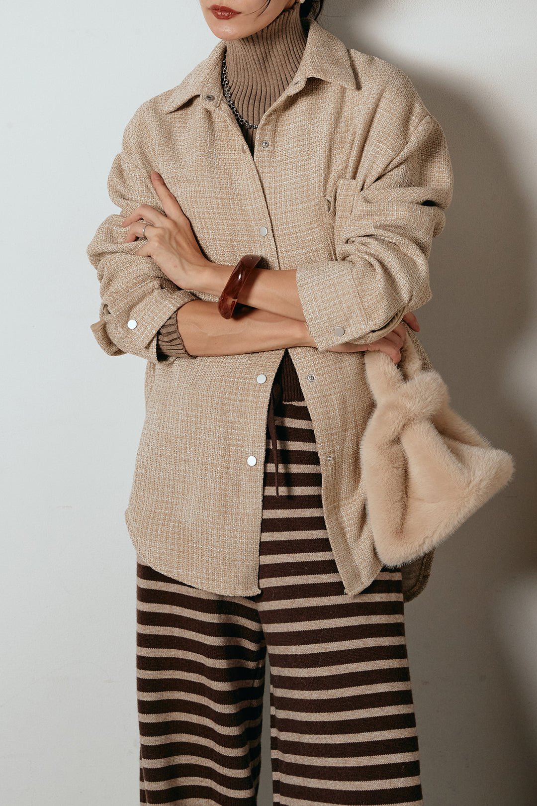 [SET]ルーズクラッシュツイルシャツ+ボーダーリラックスニットパンツ(2set)