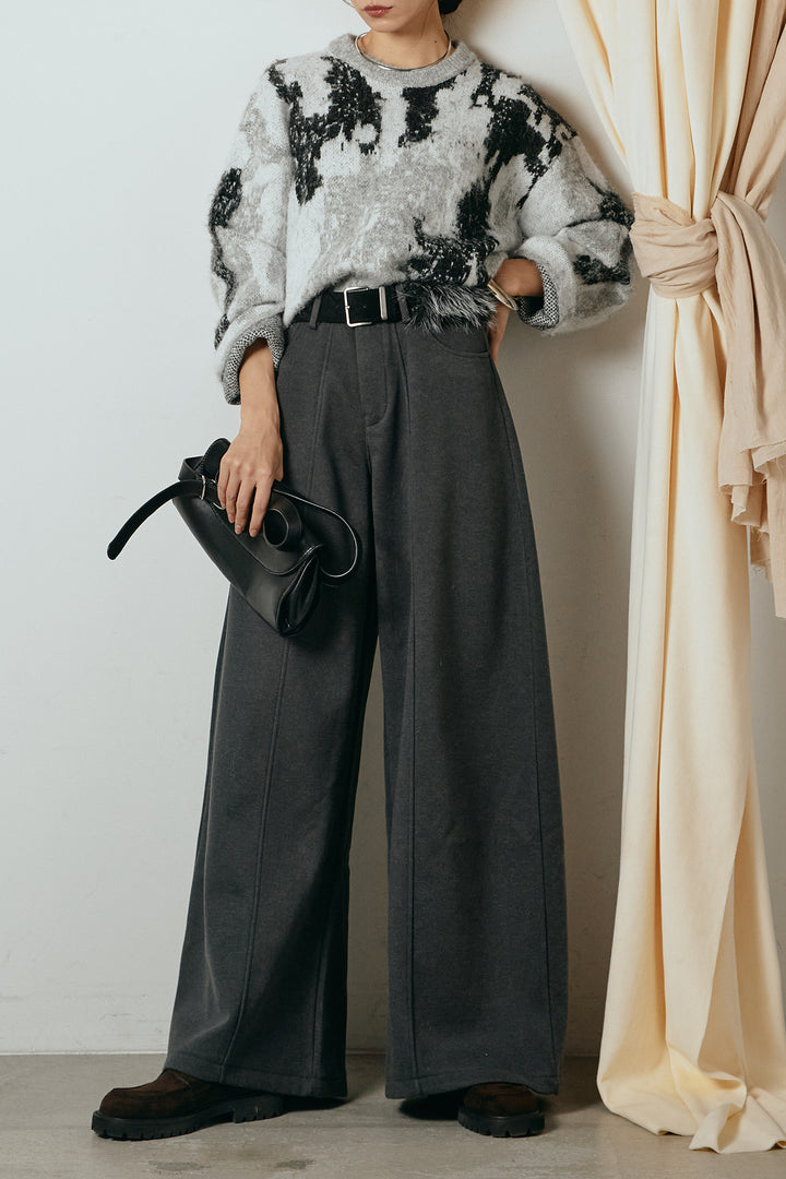 [SET]起毛ニュアンス柄ニットプルオーバー+ファーベルト付きワイドパンツ(2set)